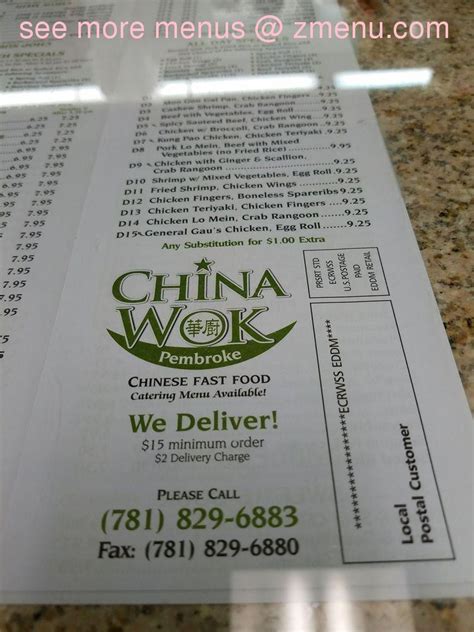 View <b>China</b> <b>Wok</b>'s menu, Order Chinese food Pick up Online from <b>China</b> <b>Wok</b>, Best Chinese food in <b>PEMBROKE</b>, <b>MA</b>, We recommend hot menus: Beef Teryaki (4)(7), Crab Rangoon, Egg Rolls (1)(2), Roast Pork Fried Rice, Chicken Fingers. . China wok pembroke ma